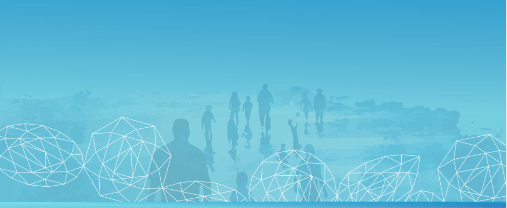 Blue background with shapes and behind it is a silhouette of populations on the move