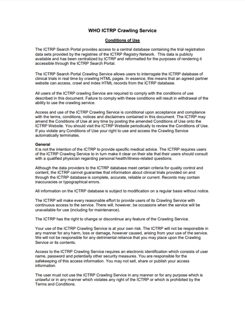 WHO ICTRP Crawling Service - conditions of use