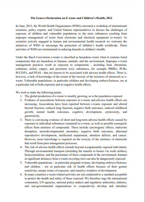 The Geneva Declaration on E-waste and Children’s Health 2013