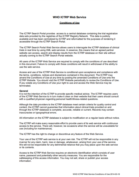 WHO ICTRP Web Service - conditions of use