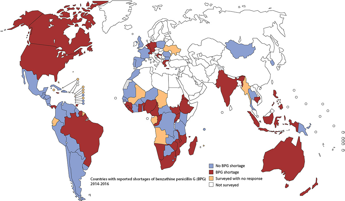 World map showing shortages of benzathine penicillin G in countries.