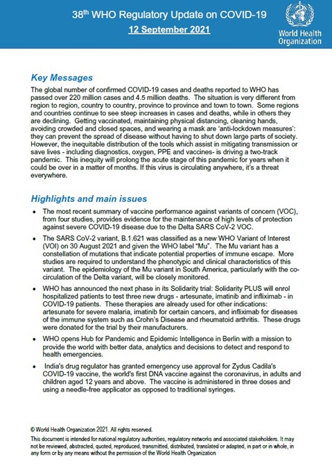 38th WHO Regulatory Update on COVID-19