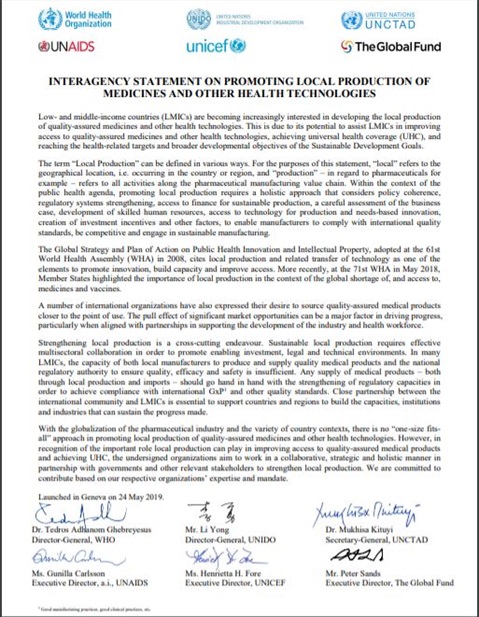 Interagency Statement on Promoting Local Production of Medicines and other Health Technologies