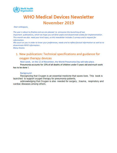 WHO Medical Devices November 2019
Newsletter