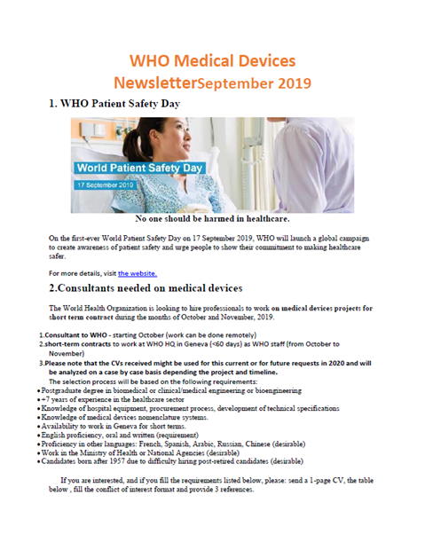 WHO Medical Devices September 2019
Newsletter