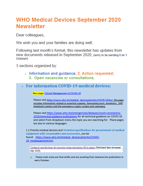 WHO Medical Devices September 2020
Newsletter