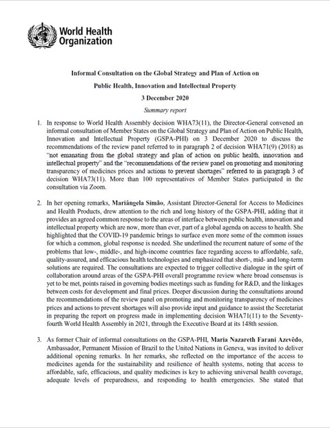 Informal Consultation on the Global Strategy and Plan of Action on Public Health, Innovation and Intellectual Property