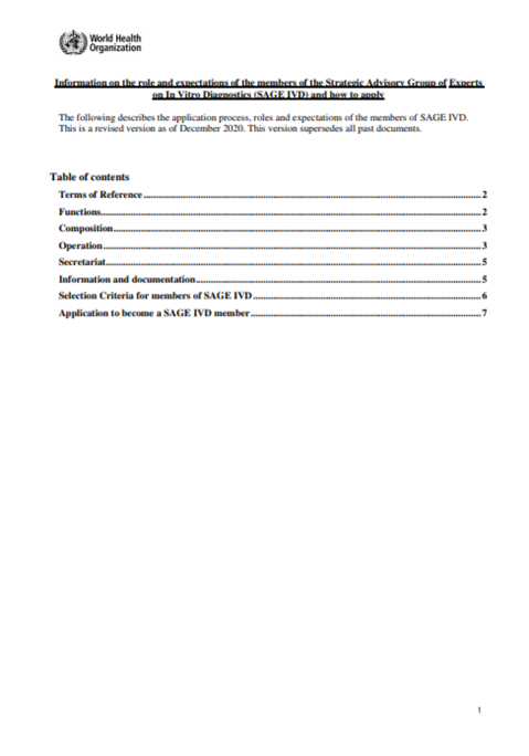 2021 Terms of Reference for Strategic Advisory Group of Experts on In Vitro Diagnostics (SAGE IVD)