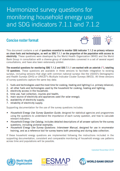Concise roster format: Harmonized survey questions for monitoring household energy use and SDG indicators 7.1.1 and 7.1.2