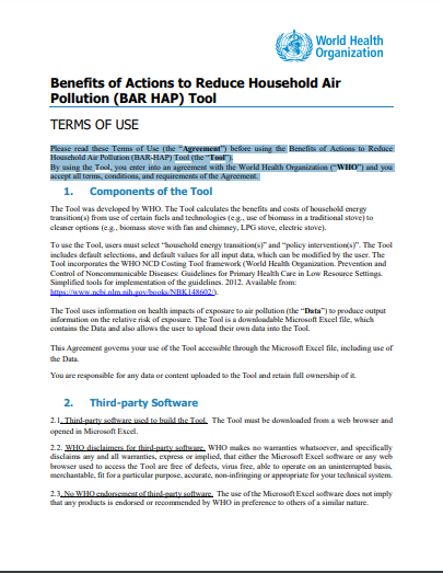 Terms of use for Benefits of Actions to Reduce Household air pollution (BAR HAP) Tool
