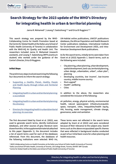 Search Strategy for the 2023 update of the WHO’s Directory for integrating health in urban & territorial planning