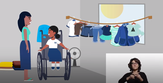 Screenshot of a video showing an animated cartoon with a girl on a wheelchair and her mum standing next to her in their house.