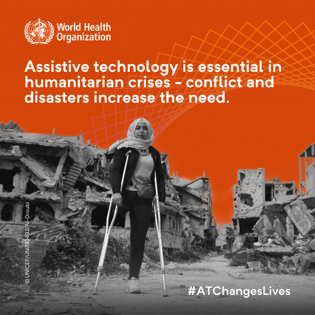 05+Key+message+ Image of a woman standing in front of damaged buildings, she is using underarm crutches and one of her legs are absent. #ATchangesLives