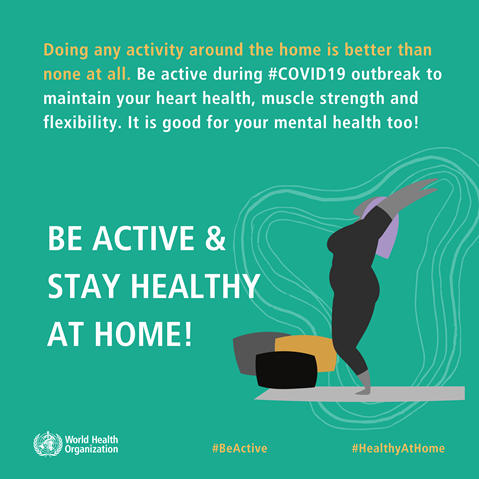 Be active and stay healthy at home Infographic of text