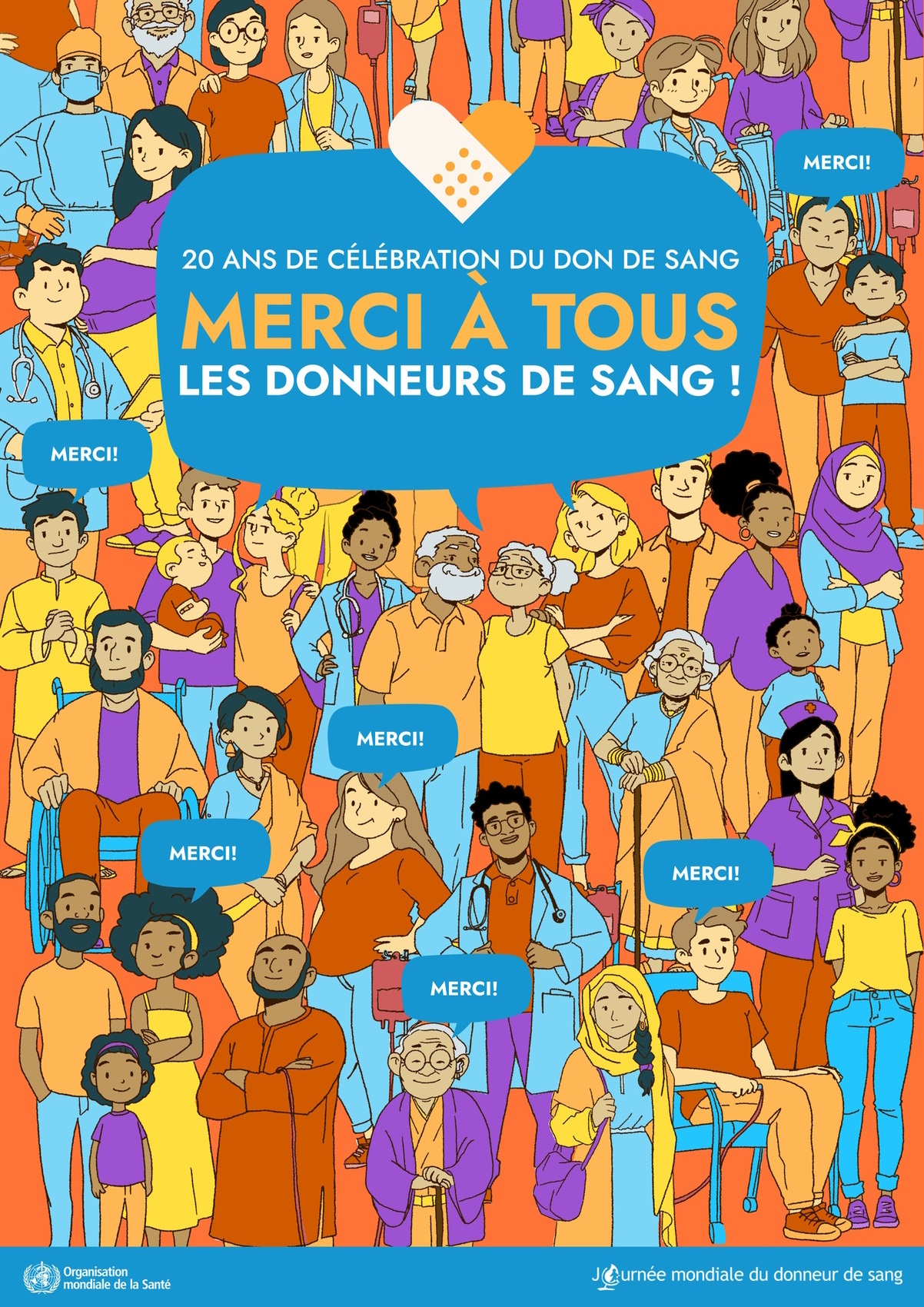 Poster WBDD 2024 20th Anniversary Thank you blood donors The illustrated image shows a range of people gathered to celebrate everyone involved in blood donation, including blood donors, patients, and health professionals