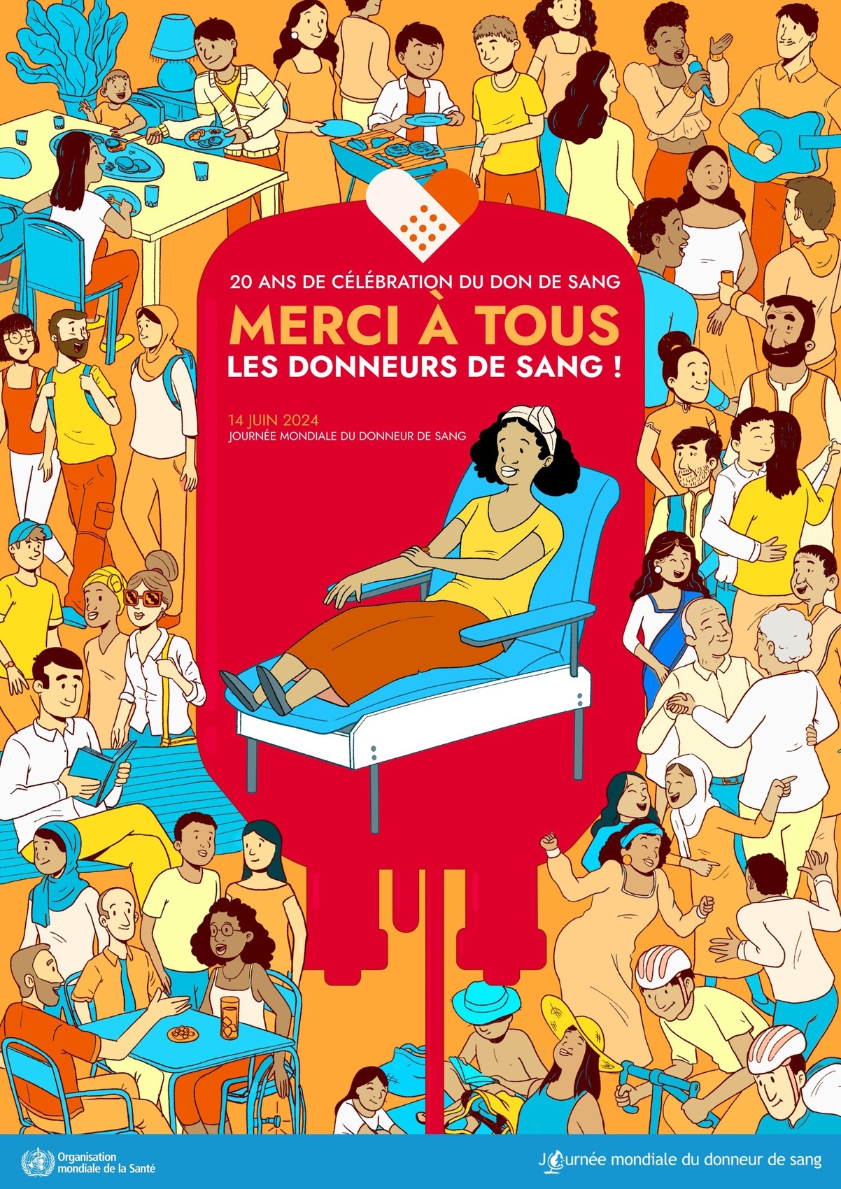 WBDD 2024 Thank you Blood Donors Poster The illustrated image shows a range of people gathered to celebrate everyone involved in blood donation, including blood donors, patients, and health professionals