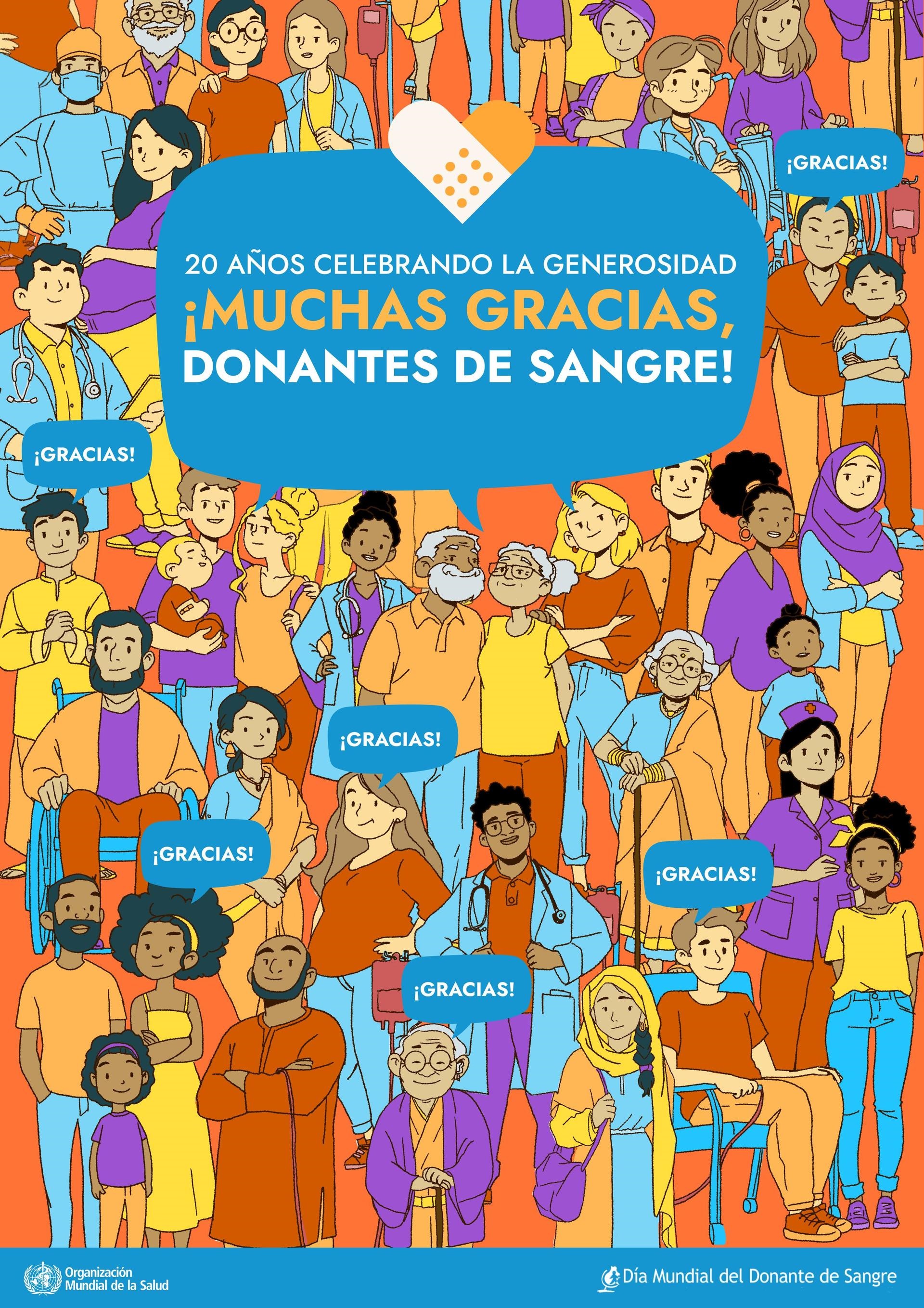 Poster WBDD 2024 20th Anniversary Thank you blood donors The illustrated image shows a range of people gathered to celebrate everyone involved in blood donation, including blood donors, patients, and health professionals