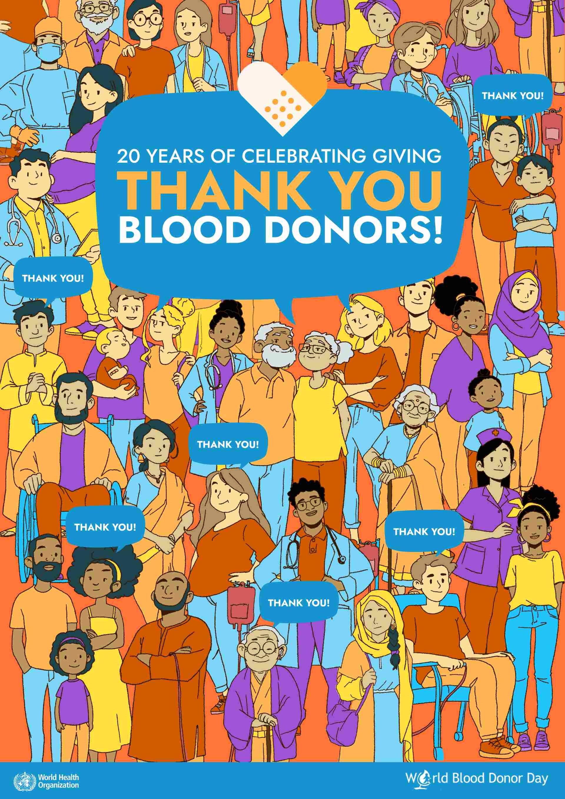 Poster WBDD 2024 20th Anniversary Thank you blood donors The illustrated image shows a range of people gathered to celebrate everyone involved in blood donation, including blood donors, patients, and health professionals