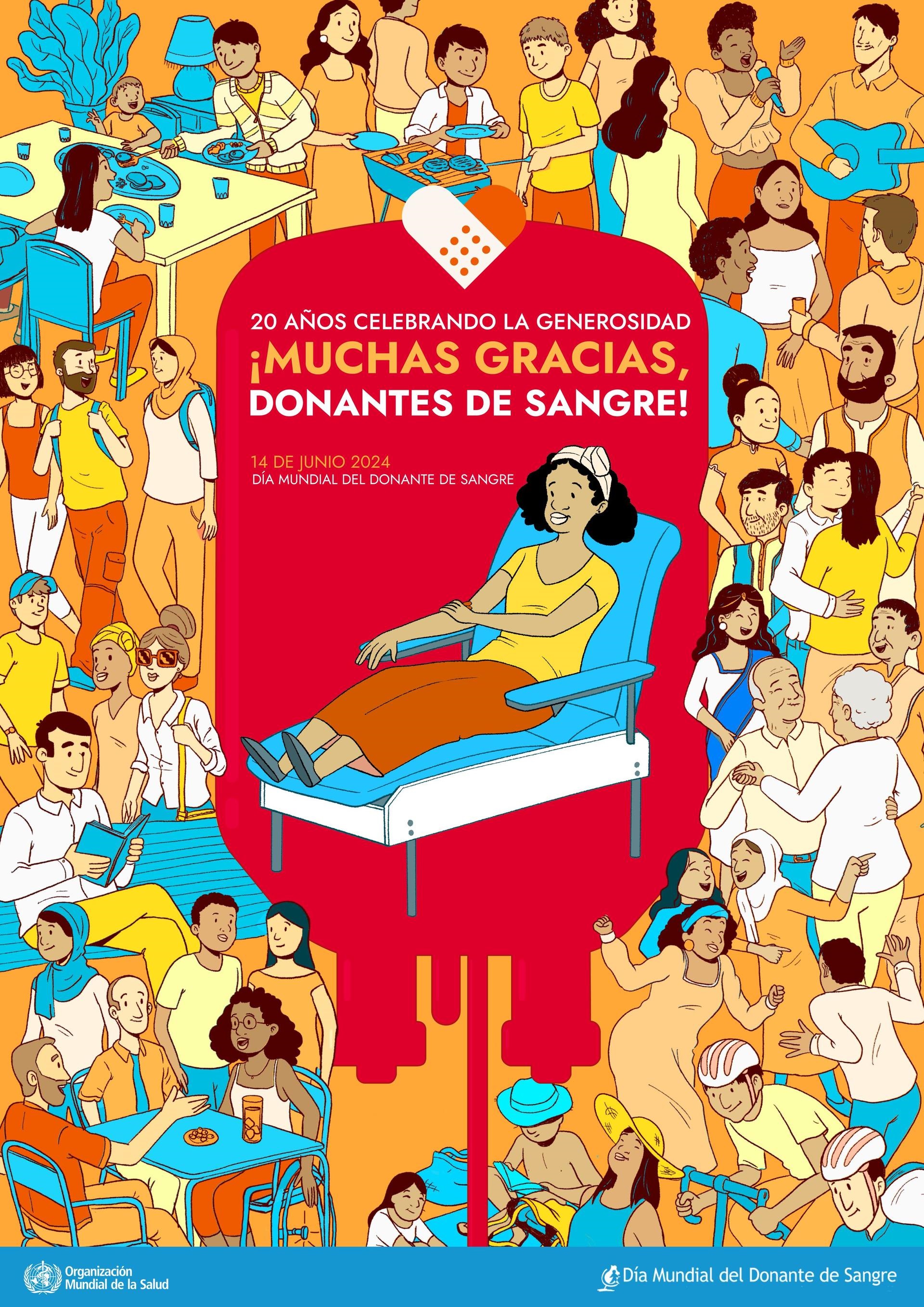 WBDD 2024 Thank you Blood Donors Poster The illustrated image shows a range of people gathered to celebrate everyone involved in blood donation, including blood donors, patients, and health professionals