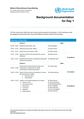Malaria Policy Advisory Group to the WHO: Day 1 of the March 2022 meeting