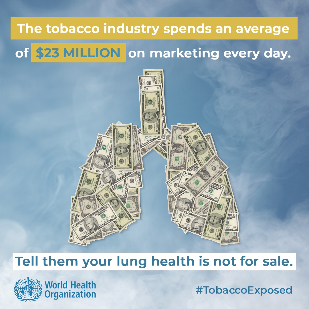 Social media tile: "The tobacco industry spends an average of $23 million on marketing every day."  Speak out #TobaccoExposed