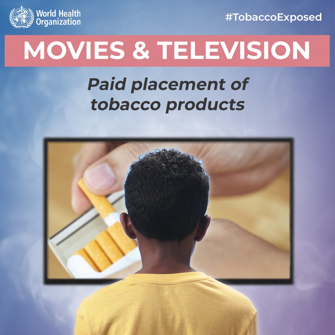 Social media tile: "Movies & television. Paid placement of tobacco products."  Speak out#TobaccoExposed