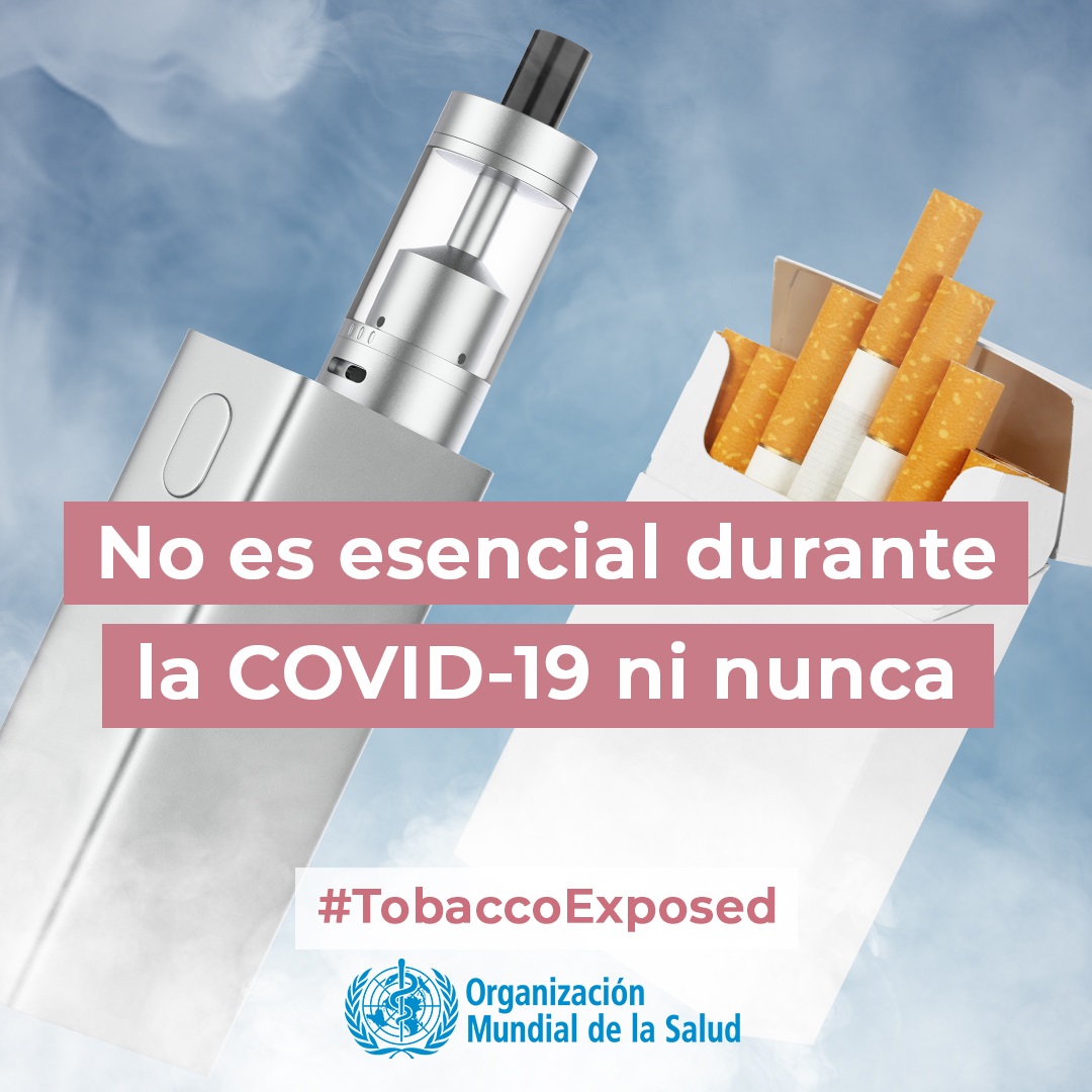 Social media tile: "Not essential during COVID-19 or ever"  Speak out #TobaccoExposed