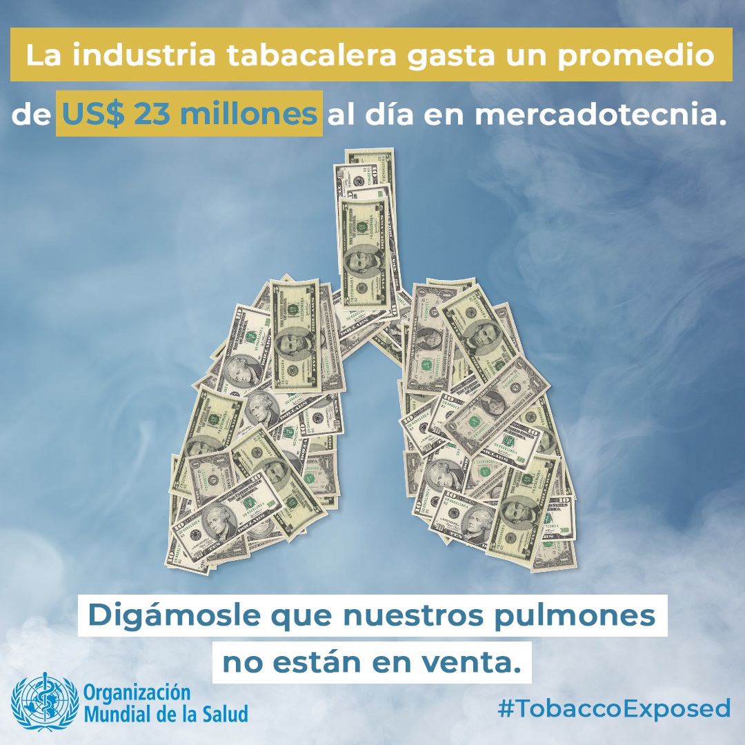 Social media tile: "The tobacco industry spends an average of $23 million on marketing every day."  Speak out #TobaccoExposed