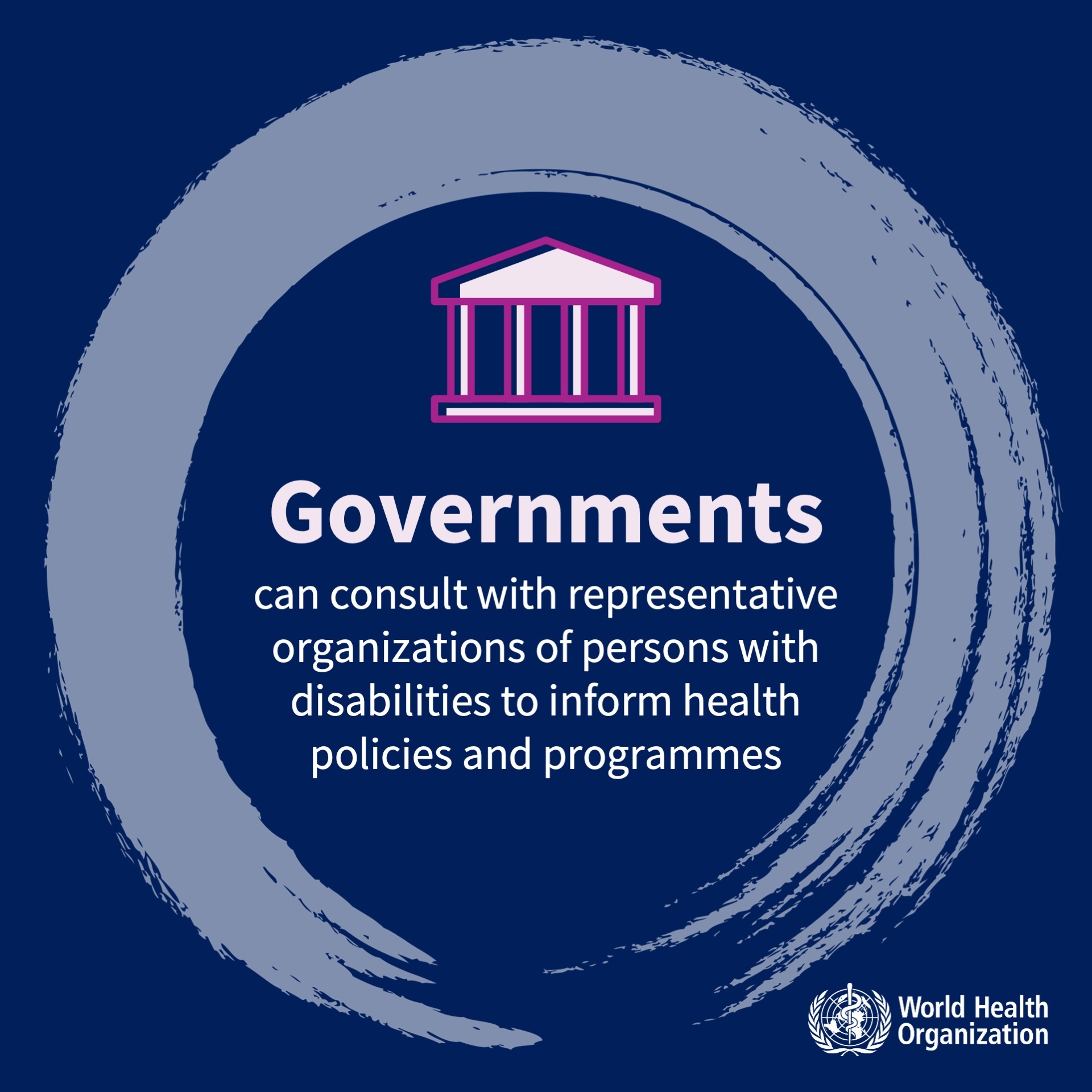 IDPD2023 Governments Governments can consult with representative organizations of persons with disabilities to inform health policies and programmes.