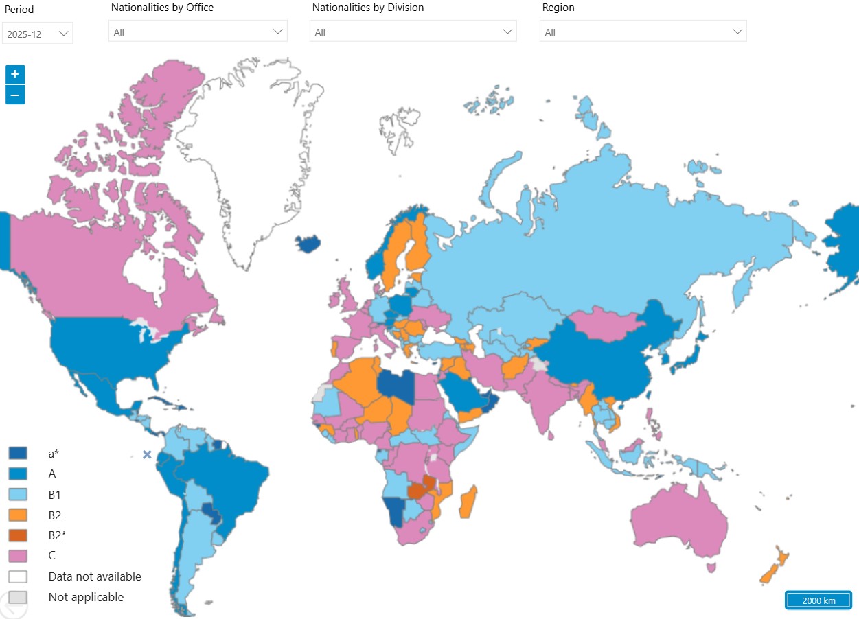 World map showing WHO geographical diversity according to representativeness of Member States.