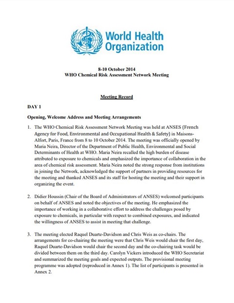 Report of the first meeting of the Chemical Risk Assessment Network