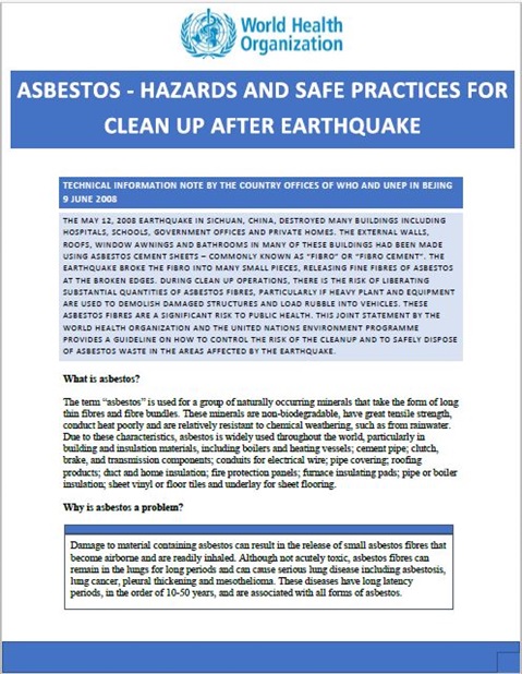 Asbestos - hazards and safe practices for clean up after earthquake