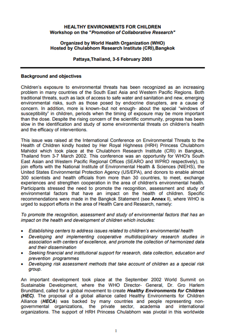 Healthy environments for children: workshop 2003, Pattaya, Thailand