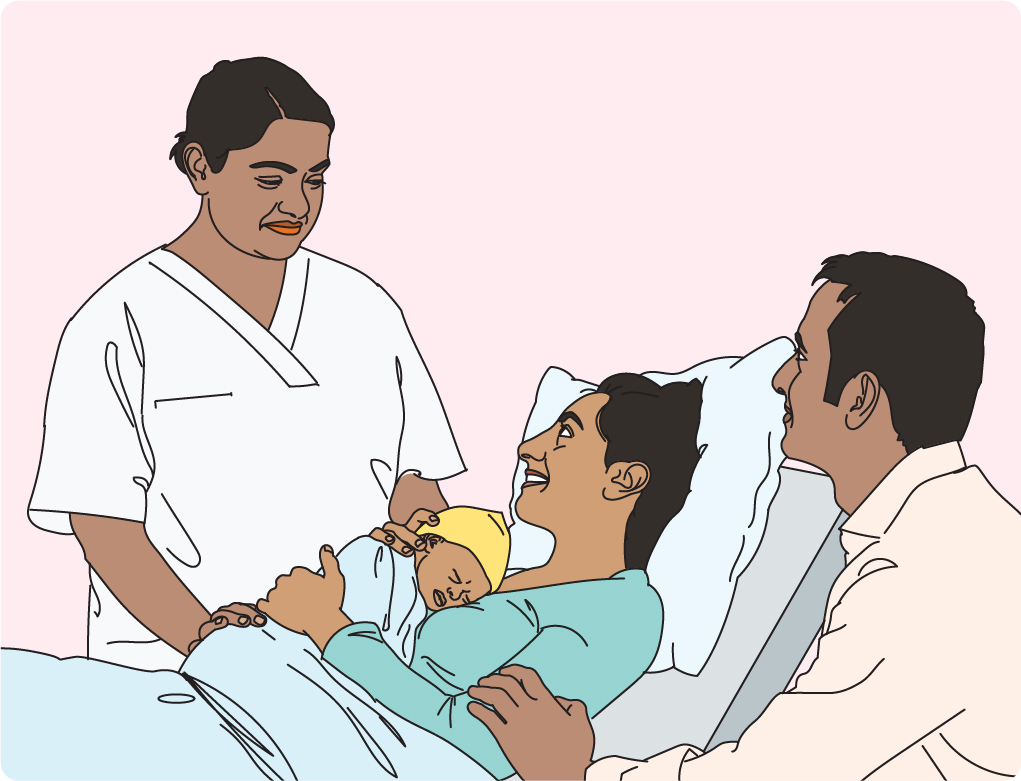 Healthcare provider attending to a postpartum patient with a companion.