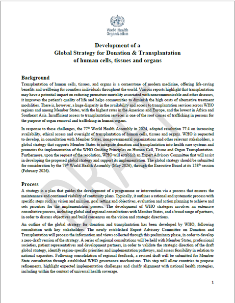 Development of a Global Strategy for Donation & Transplantation of human cells, tissues and organs
