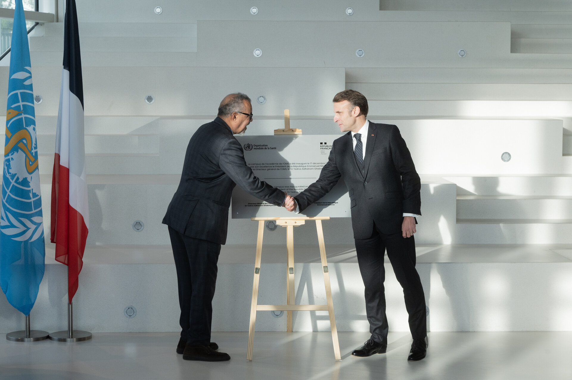Plaque reveal ceremony of the WHO Academy Plaque reveal ceremony of the WHO Academy, in the presence of Emmanuel Macron, President of France, Dr Tedros Adhanom Ghebreyesus, WHO Director-General