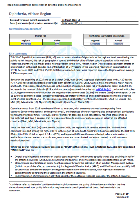 WHO Rapid Risk Assessment - Diphtheria, African Region v.2