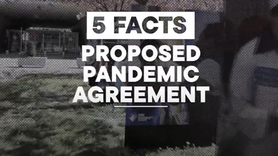 Overlay text on a darkened background image "5 facts, Proposed Pandemic Agreement".