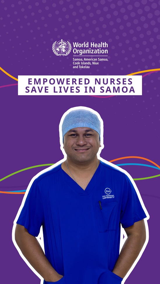 Nurse Filipi Keresoma of Samoa with text empowered nurses save lives in Samoa