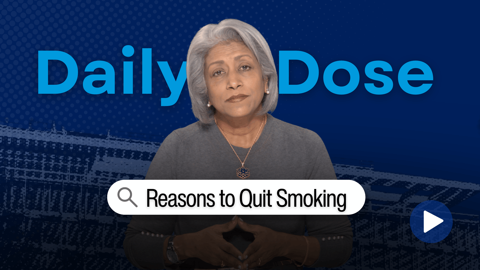 Cut out of a woman on a dark blue backdrop with the overlay text "Daily Dose: reasons to quit smoking".