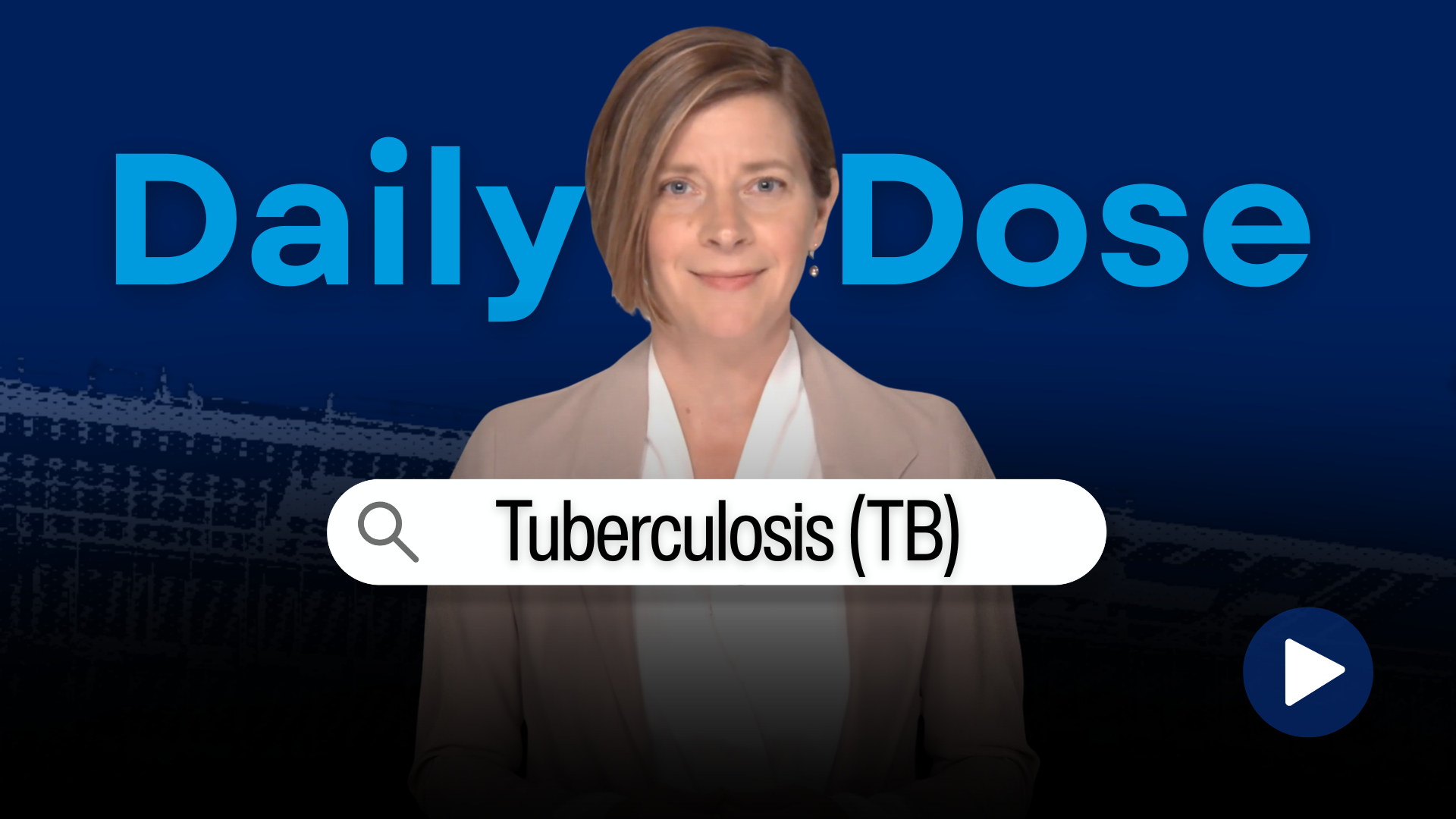 A woman looking into the camera with the overlay text "Tuberculosis (TB)" and a play button icon.