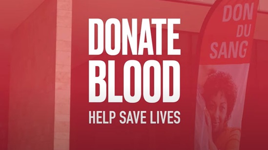 White bold text "Donate blood – help save lives" on a red semitransparent background.