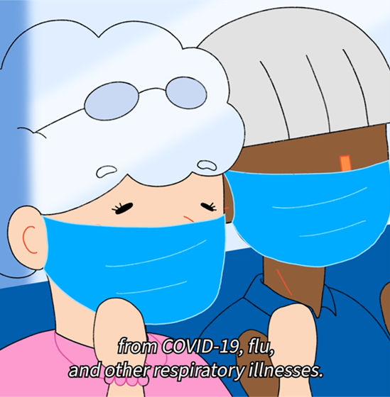 Screenshot of animation of older adults wearing masks