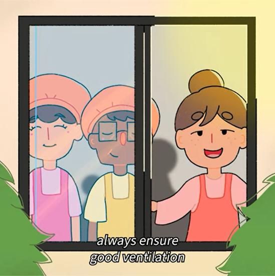 Screenshot of animation of women opening a window in their workplace