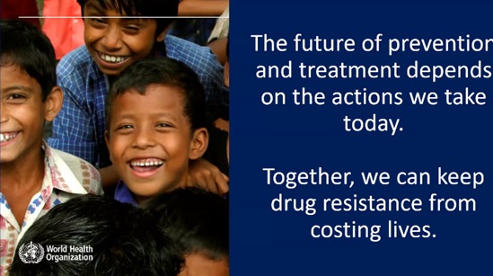 Composition of photograph on the left with smiling kids and key messages on drug resistance on the right
