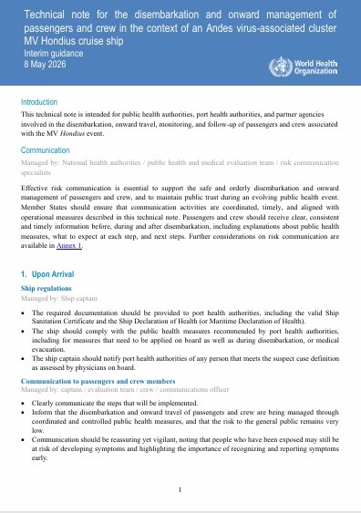 WHO Technical note for the disembarkation and onward management of passengers and crew in the context of an Andes virus-associated cluster MV Hondius cruise ship