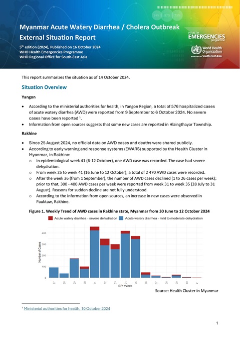 5th edition (2024), Myanmar Acute Watery Diarrhea/ Cholera Outbreak External Situation Report