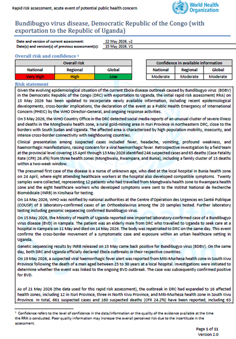 WHO Rapid Risk Assessment-Ebola disease caused by Bundibugyo virus, Democratic Republic of the Congo and Uganda v2