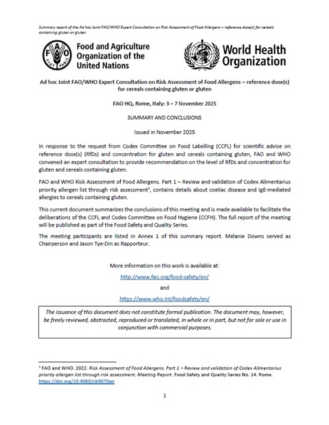 Ad hoc Joint FAO/WHO Expert Consultation on Risk Assessment of Food Allergens – reference dose(s) for cereals containing gluten or gluten