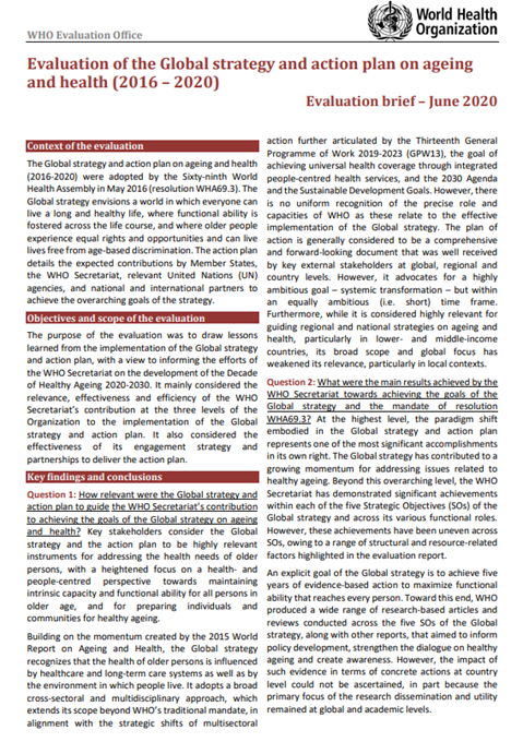 Evaluation of the Global strategy and action plan on ageing and health (2016 – 2020) - Evaluation brief – June 2020